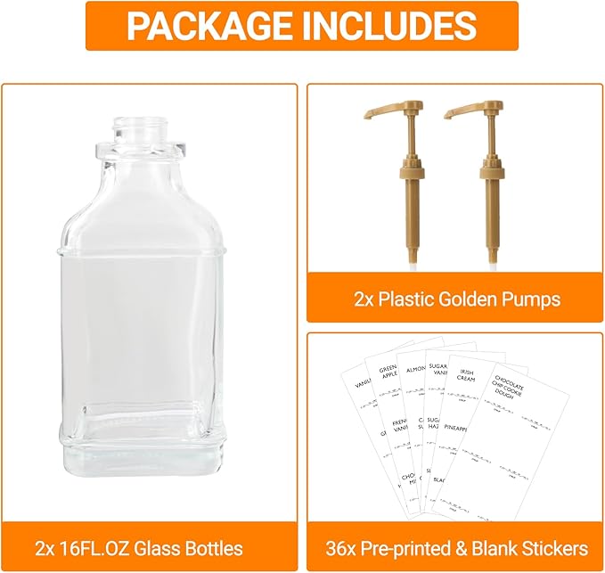 Alotpower 2-Pack 16oz Glass Coffee Syrup Dispenser Bottles, Empty Square Dispenser for Coffee Bar with 1/4oz Pump - Kit Includes 36 Labels & Marker