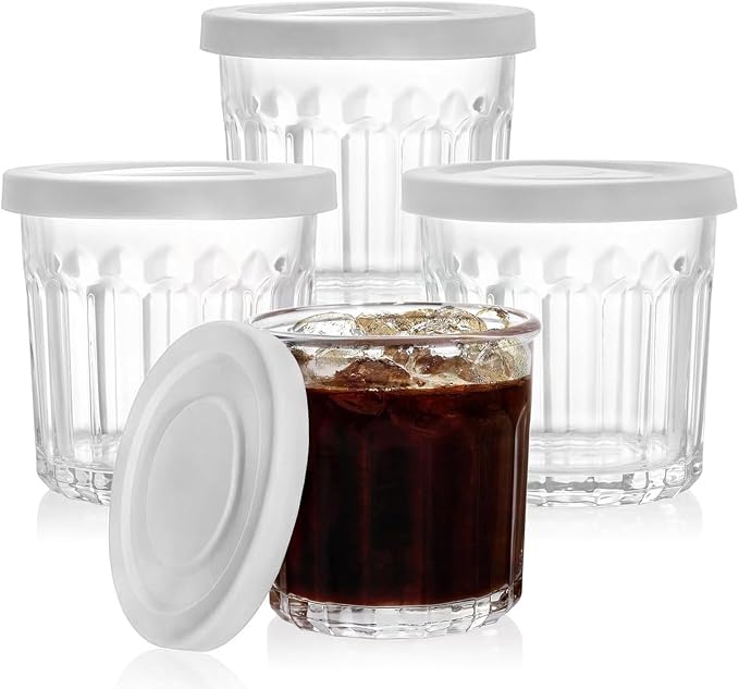 Working Glass Cups with Lids Set of 4, 13.5oz Thick Glass Tumblers | Classic Picardie Style Glassware, Stackable Design, 2-in-1 Drinking Cup & Food Storage Jar with Premium Thick Glass by Unknown