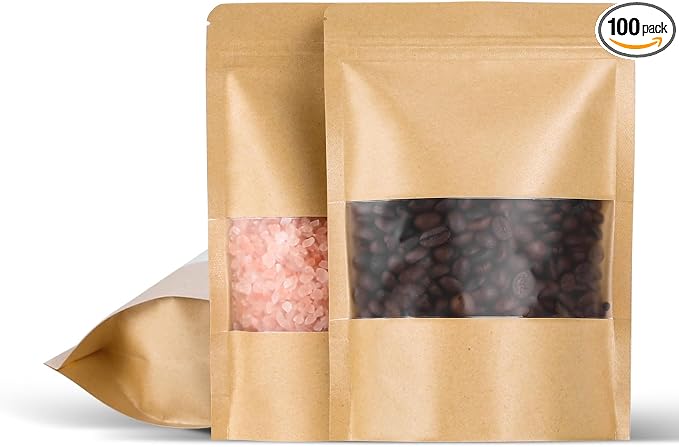 Kraft Paper Bags with Transparent Window, Stand Up Pouches Smell Proof Bags | 100 Pcs 5.5x8 Inch Resealable Bags for Small Business, Zipper. Food Storage, for Packaging Snacks Cookies Candy by Motomy