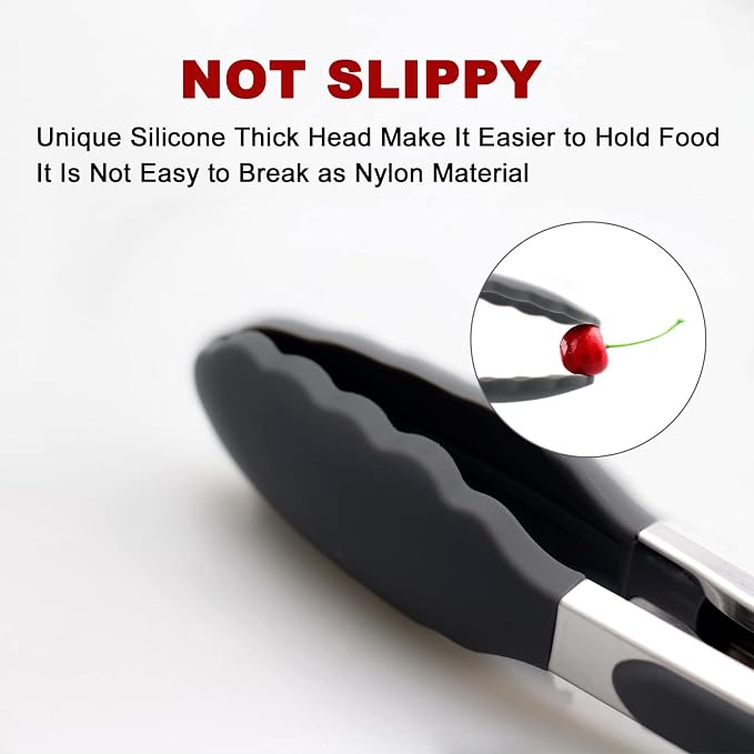 2 Pack Silicone Kitchen Tongs, 9 & 12 Inch, Stainless Steel, Black - Image 2