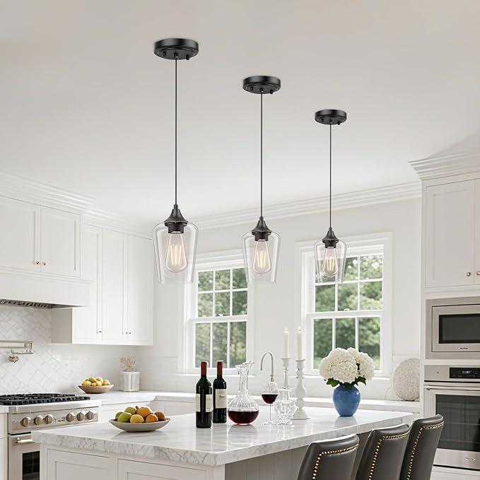 Ralbay Matte Black Industrial Pendant Light 3-Pack, Pendant Light Fixtures with Wine Clear Glass Shade, Adjustable Height for Kitchen Island, Farmhouse Dining Room Hanging Lighting Fixture - Image 6