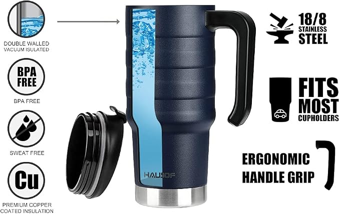 HAUSHOF 24 oz Travel Mug, Stainless Double Wall Vacuum Insulated Tumbler with Handle & Spill Proof Twist On Flip Lid and Wide Mouth, BPA Free (Navy Blue) - Image 4