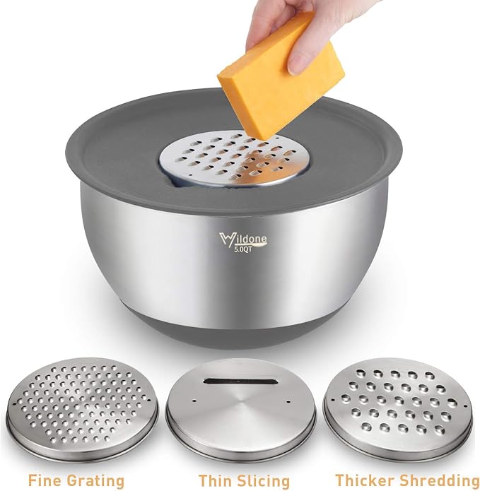 Wildone Mixing Bowls with Airtight Lids Set, 5PCS Stainless Steel Nesting Bowls Set for Kitchen, with Grater Attachments & Non-Slip Bottoms, Size 5, 3, 2, 1.5, 0.63 QT, Great for Baking & Serving - Image 3
