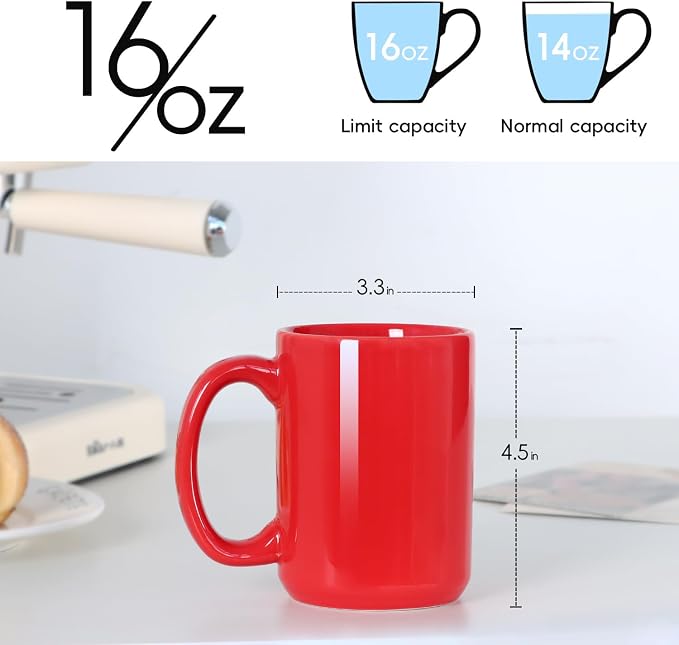 16 OZ Coffee Mugs, Classic Blank Ceramic Cup with Large Handle for Tea Latte Cappuccino, Set of 4, Red - Image 3