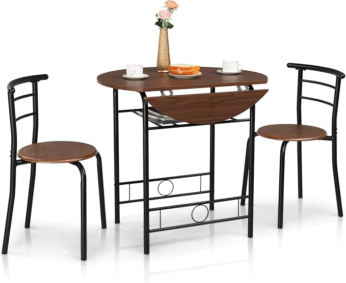 VINGLI 31.5" Drop Leaf Dining Table Set for 2, 3 Pieces Dining Table with Chair for Small Space, Small Kitchen Extendable Folding Dining Table for Dining Room，Home, Apartment, Saving Places, Walnut by VINGLI
