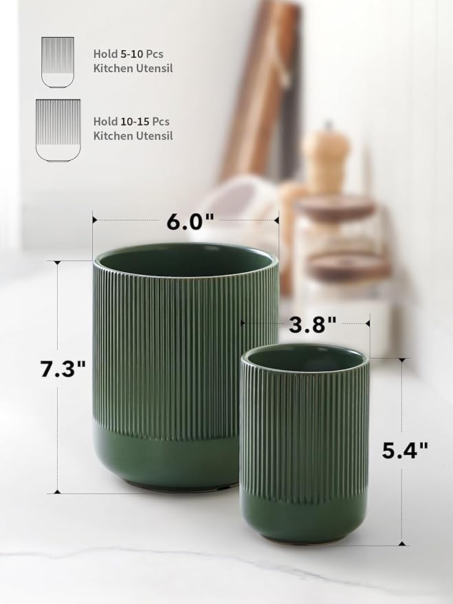 LE TAUCI Utensil Holder for Kitchen Counter, 7.3"+5.4" Fluted Ceramic Utensil Crock Organizer for Countertop, Heavy Large Holder for Spatulas, Spoons, Set of 2, Forest Green - Image 6