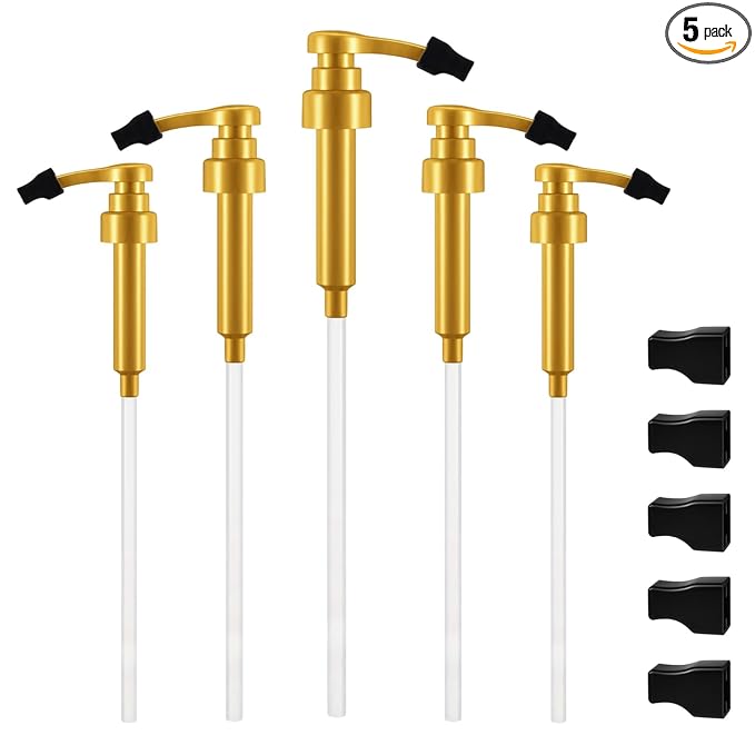 Nuogo 5 Pcs Coffee Syrup Pump Compatible with Monin 750ml (25.4 Fl Oz) Glass Bottles Flavor Syrup Pump Dispenser with Tip Covers (Gold)