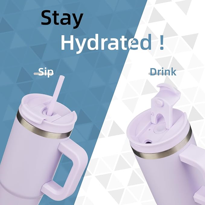 Konokyo 30 oz Insulated Tumbler Water Bottle with Handle, Straw Lid | BPA-free and dishwasher safe; made for gym, travel, coffee and gifting, 2 straws, cup holder friendly,Wisteria - Image 2