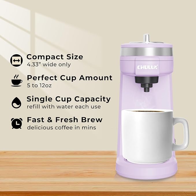 CHULUX Mini Single One Cup Coffee Maker for K Pod, Auto Shut Off, Lavender | Fast-Heating Boiler System, Single Cup Brewing, Portable Compact Design, Four-Hole Multi-Stream Needle, Adjustable Drip Tray - Image 2