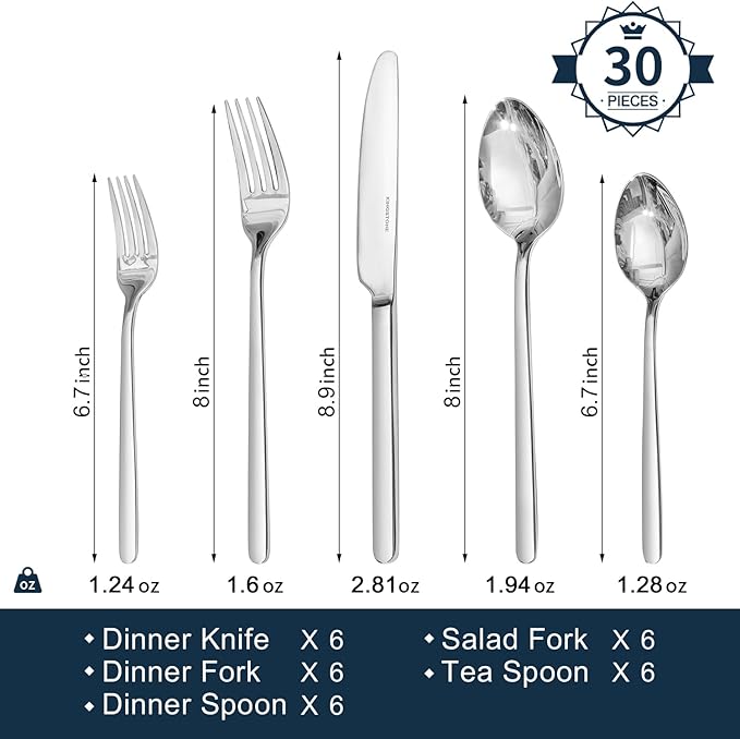 KINGSTONE 30 Pieces Silverware Set, Flatware Cutlery Set for 6, 18/10 Stainless Steel Silverware Utensils Minimalist Design Dishwasher Safe - Image 2