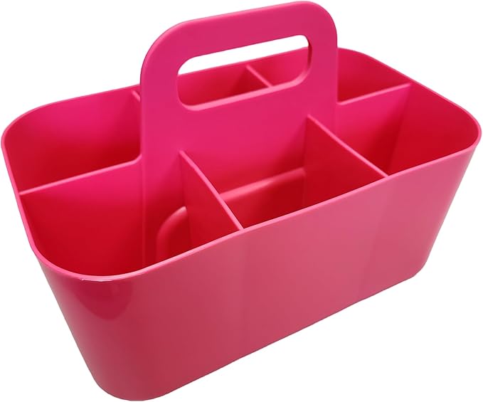 2 Pack Small 6 Compartment Multiuse Caddy Organizer with Handle Art Craft Supplies, Office, Desk, Stationery Pen Holder Stackable- Made In USA (Hot PInk)