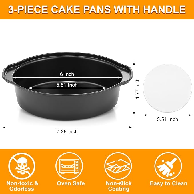 6 Inch Cake Pan - 3PCS Carbon Steel Round Cake Pans with 100 Pieces Parchment Paper, Non-stick & Easy Demolding, Non-toxic & Healthy - Image 2