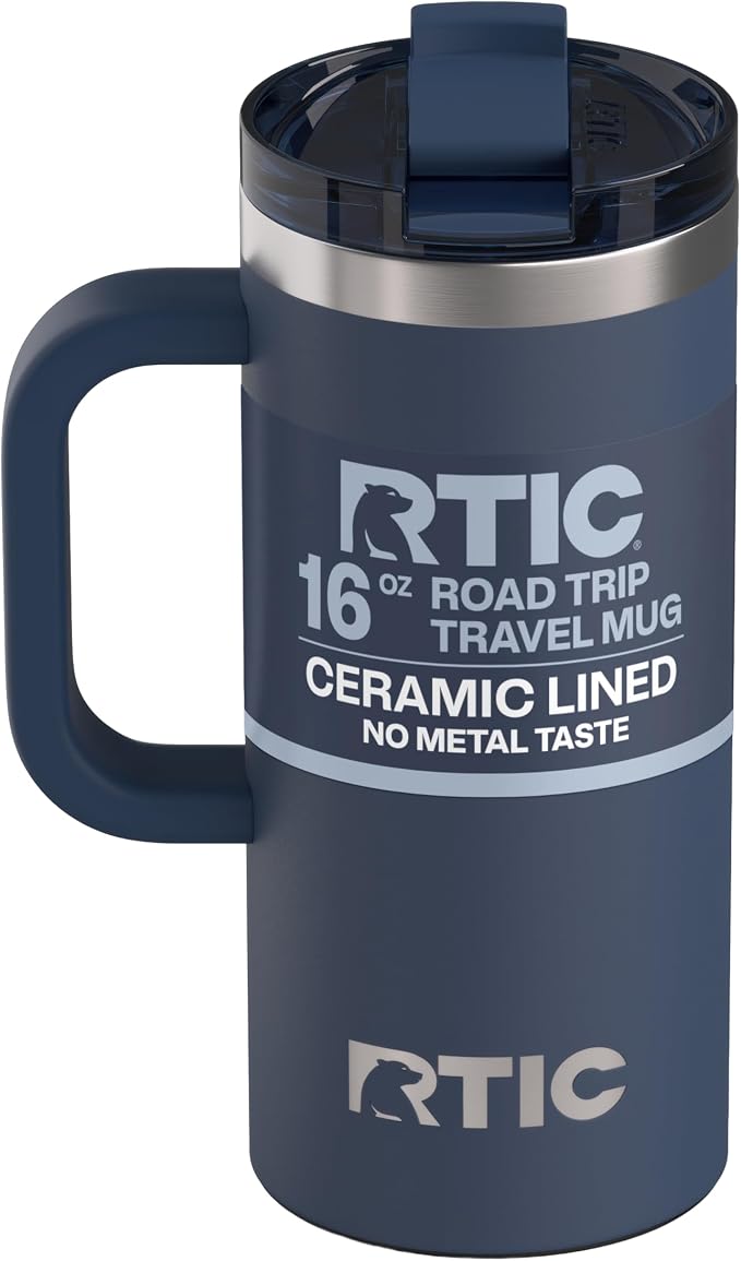 RTIC 16oz Road Trip Travel Mug with Lid and Handle, Ceramic Lined, Navy | Stainless Steel Metal, Insulated Travel Cup for Hot and Cold Drinks, Coffee, Car, Camping and Travel by RTIC