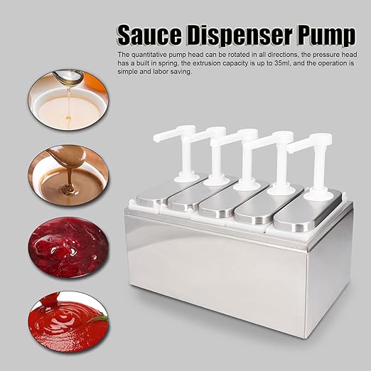 Condiment Pump Dispenser, 1L Single Jars Stainless Steel Sauce Dispenser Pump Ketchup Pump Dispenser Davinci Syrup Sauce Pump Container Salad Pump Container (5 Pumps)