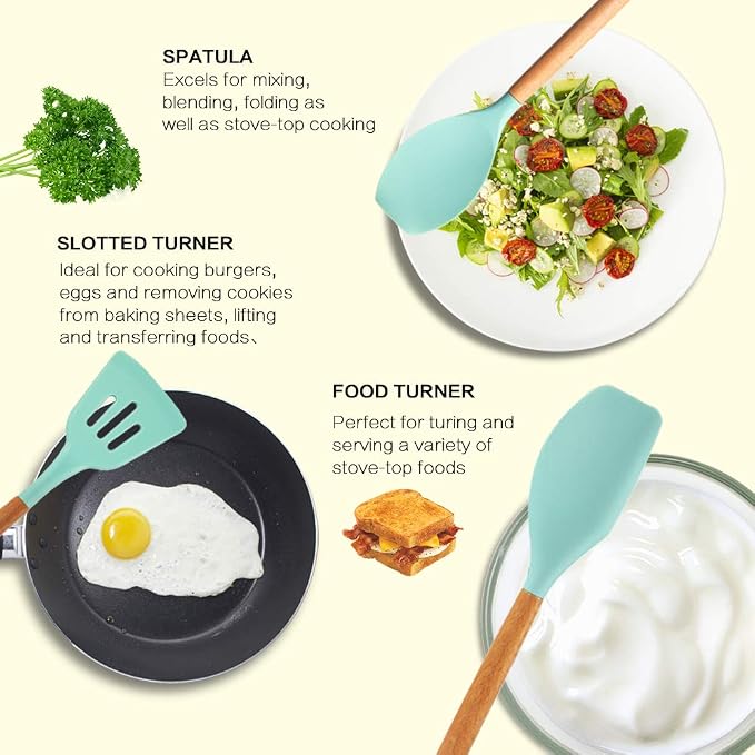 MIBOTE Silicone Cooking Kitchen Utensils Set, Wooden Handle, Teal | BPA-Free, Non-Toxic Silicone Turner, Tongs, Spatula, Spoon Set – Great for Nonstick Cookware, Heat-Resistant, Easy Clean - Image 5