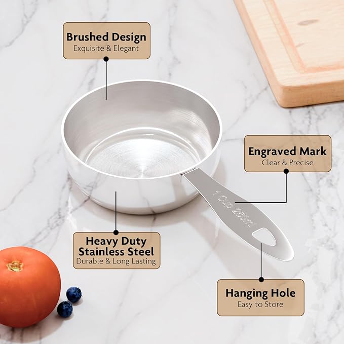 2PCS 1Cup(250ml) Stainless Steel Measuring Cup, Heavy-duty Single Metal Scoop for Wet and Dry Ingredients, Great Kitchen Gadgets for Cooking