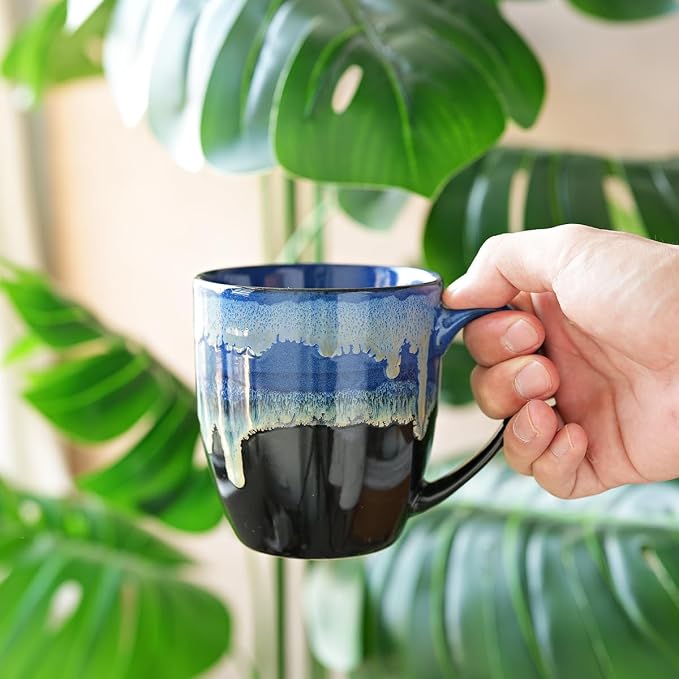 Bosmarlin Ceramic Coffee Mug Set of 4, 17 Oz, Coffee Cups with Big Handle, Microwave Safe, Unique Reactive Glaze (17 Oz, Blue) - Image 6