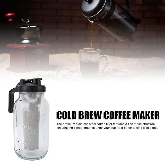 Cold Brew Coffee Maker Jar, Stainless Steel Filter Thick Glass Jar, Iced Coffee Pitcher with Spout Lid and Handle, Dishwasher Safe for Working from Home (2000ml)