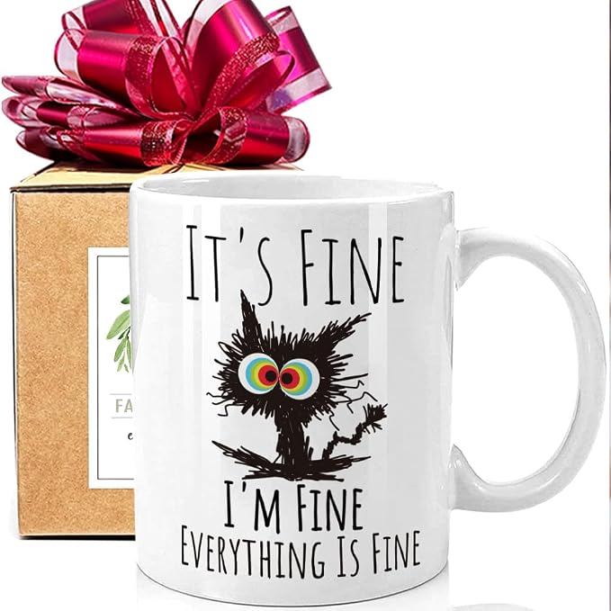 FALJIOK Funny Cat Coffee Mug Gifts for Cat Lover, It's Fine I'm Fine Mug White 11oz, Funny Gifts for Best Friend Bestie, Cats Lover Gift for BIrthday Christmas by FALJIOK