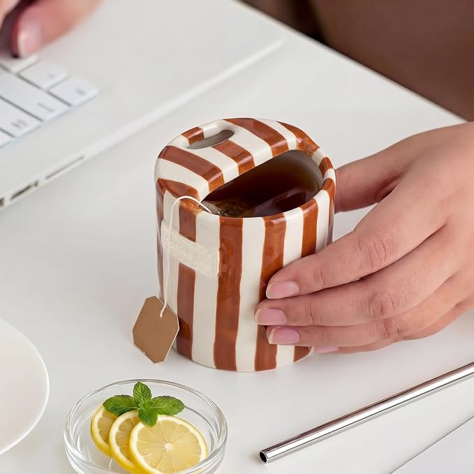 2 Pack Ceramic Coffee Mug with Sip Hole Espresso Cup 10oz with Straws Retro Hand Painted Striped Ceramic Iced Coffee Tea Travel Mug Latte Cup for Kitchen Dining (Simple,Brown,Black) - Image 7