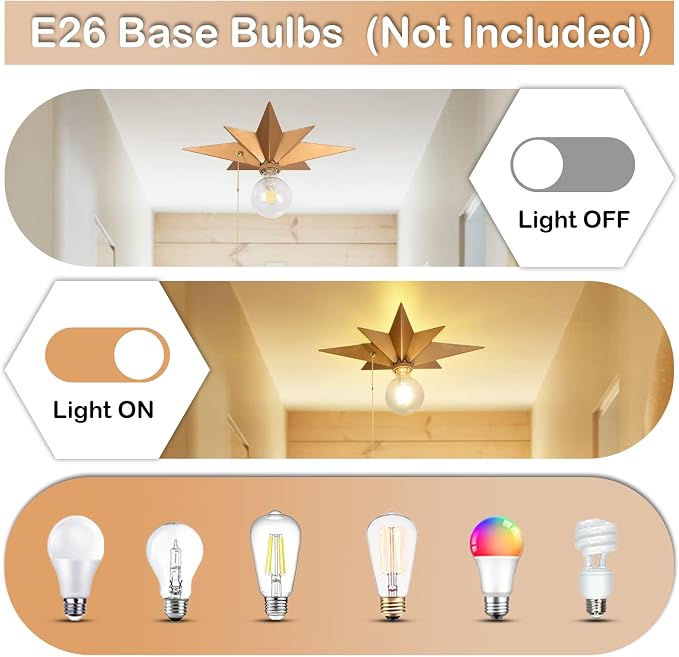Flush Mount Ceiling Light Fixture with Pull Chain, Brass Star Ceiling Light, Industrial Light Fixtures Ceiling Mount for Hallway, Entryway, Study, Bedroom, Stair, Foyer, Kitchen, Bathroom - Metal - Image 3