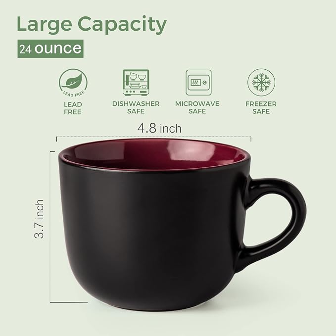 AmorArc 24 oz Soup Mugs with Handles, Jumbo Ceramic Bowls Mugs Set with handles for Coffee Cereal Cappuccino Snacks, Microwave&Dishwasher safe Soup Cups for Meal-Burgundy - Image 2