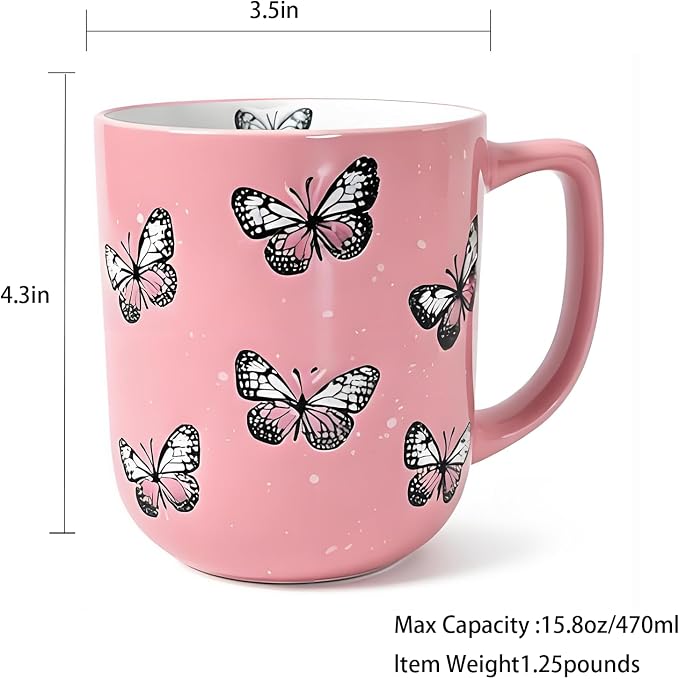 16oz Ceramic Coffee Mug for Office and Home, Hand Painted with Handles Tea Cup, Cute Vintage Butterfly Mug,Best Gifts for Women and Men,Dishwasher Microwave Safe (Light Pink) - Image 2