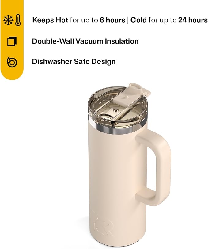 RTIC 20oz Road Trip Travel Mug with Lid and Handle, Ceramic Lined, Beach | Stainless Steel Metal, Insulated Travel Cup for Hot and Cold Drinks, Coffee, Car, Camping and Travel - Image 2