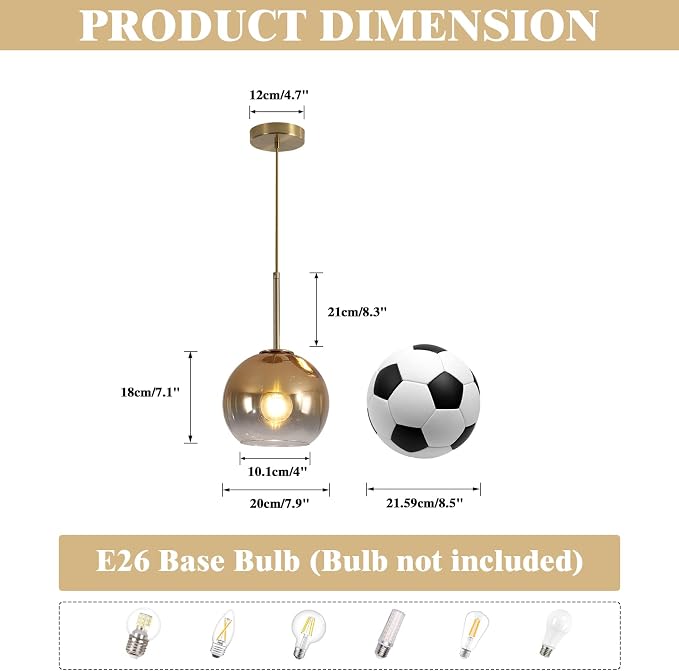 KCO Lighting Glass Globe Hanging Light Fixture Modern Gold Pendant Lights Kitchen Island Mid Century Dining Room Hanging Light Fixtures Over Table Single Pendant Light - Image 2