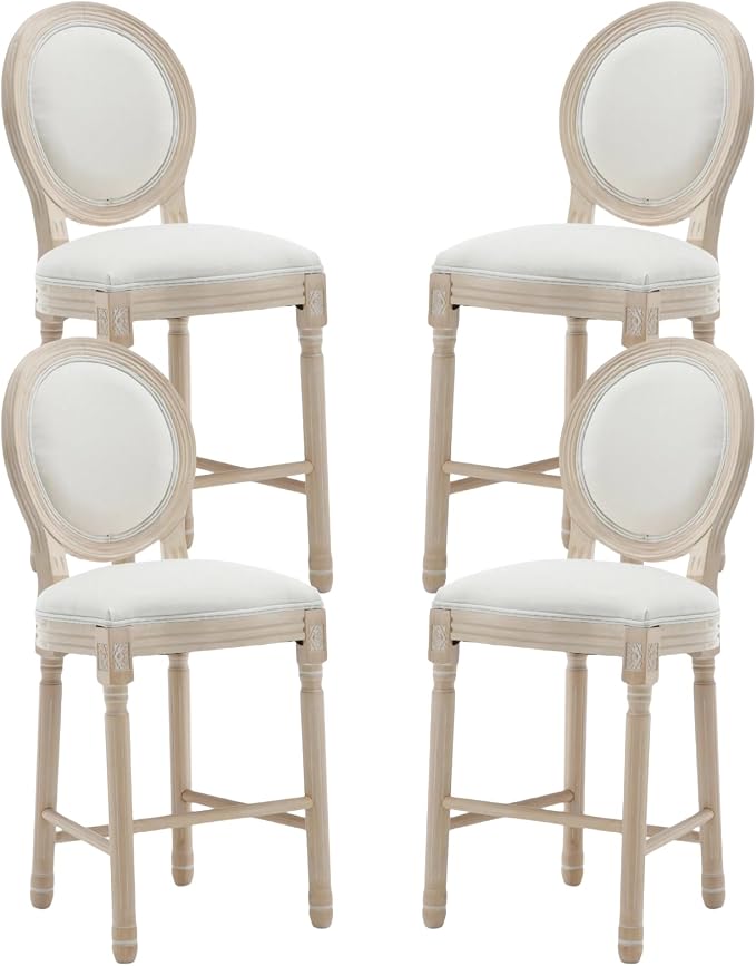 French Country Barstool, Linen Farmhouse Counter Height Chair | Set of 4, with Cushion Round Back and Solid Wood Legs, Oval Chairs for Restaurant, Bar, Kitchen, Café, Beige by RCDDFurniture
