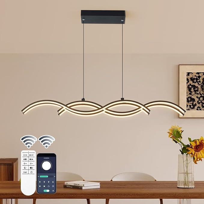 ORANOOR Modern LED Pendant Lights, Dimmable 39in Linear Wave LED Chandelier | Black Chandelier Dining Room Hanging Lighting Fixtures, Kitchen Island Linear Pendant Light for Dining Table, 4200lm Upgraded by ORANOOR