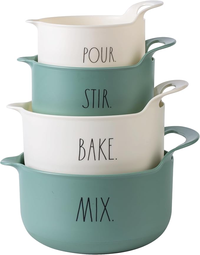 Rae Dunn Non-Slip Mixing Bowls - 4 Piece Nesting Plastic Mixing Bowl Set with Pour Spouts and Handles-Measurement Markings (Sage) by RaeDunn