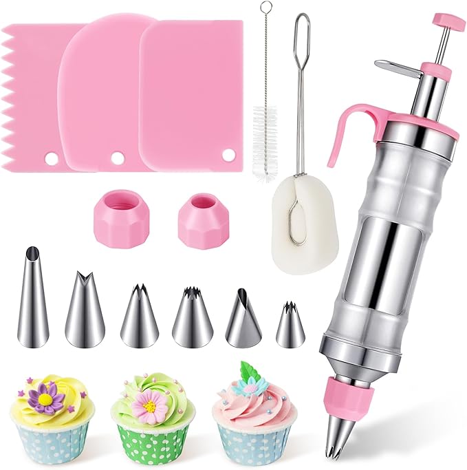 Dessert Decorating Syringe Set, Pink Icing Decoration Set Stainless Steel Cupcake Injector/Decorating Icing Set with 6 Nozzle, 3 Scrapers, 2 Brushes for Baking Biscuit Cake Decoration