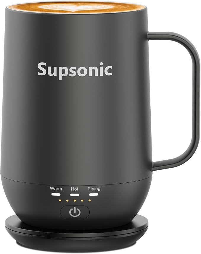 Supsonic - 16oz Self Heating Coffee Mug, Smart Heated Coffee Mug Faster Direct-Contact Heating Up to 149°F, Coffee Mug Warmer Set with Auto Shut-Off - Gifts for Men Women | S2 by Supsonic