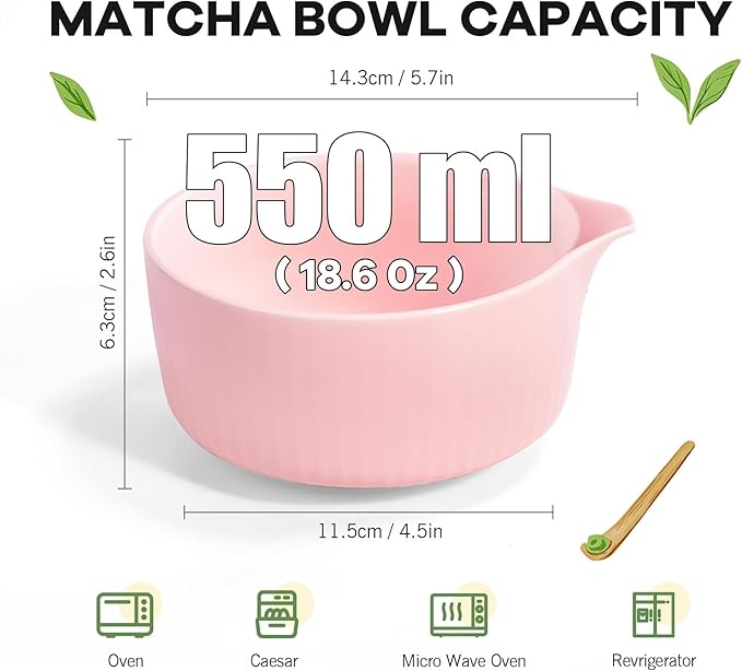 Traditional Matcha Bowl with Spout, Ceramic Matcha Tea Bowl (Chawan), Matcha Mixing Bowl for Whisking Matcha, Pink