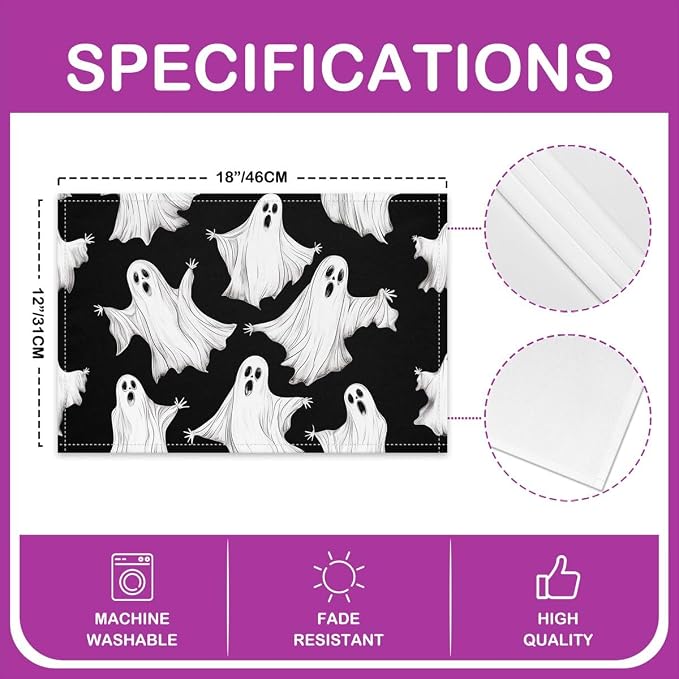Feelyou Happy Halloween Placemats Set of 4 Ghost Table Mats White Black Place Mat for Kitchen Dining Table Party Decor Indoor Outdoor 18"x12" Non-Slip Easy to Clean Horror Theme - Image 4