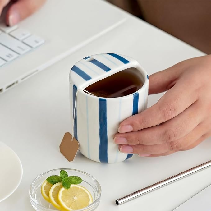 Ceramic Mug with Sip Hole 10 oz Deep and Light Blue Red Striped Ceramic Coffee Mug Hand Painted Travel Mugs Heat Resistant Non Slip Built in One Lid Mugs for Coffee Lovers Appreciation Gift - Image 5