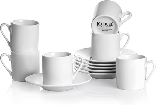 Klikel Espresso Cup And Saucer Set - White Cappuccino Demitasse - Small Coffee Cups For Cuban Coffee or Italian Espresso - Set Of 6