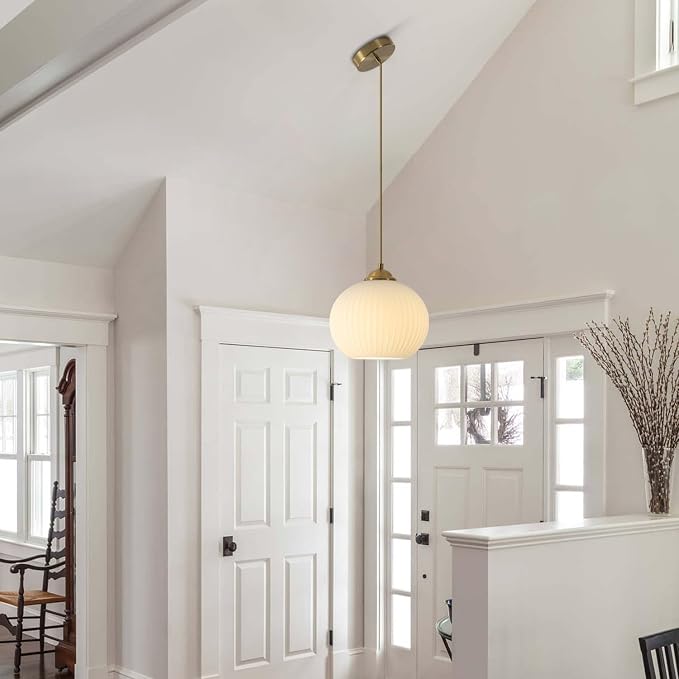 KCO Lighting Modern Brass Gold Globe 7.9” Ribbed Milk Glass Pendant Light | Small E26 Adjustable Cord Hanging Lamp, Mid Century Vintage Ceiling Light Fixture for Kitchen Island Dining Room Bedroom Bar - Image 8