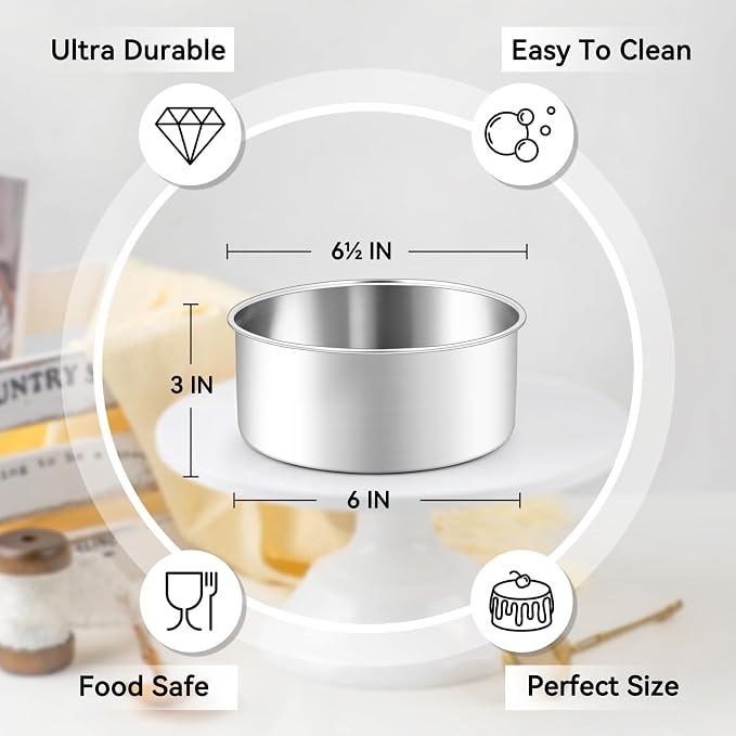 Leonyo 6 Inch Cake Pans, Stainless Steel Round Cake Baking Pans Set of 2, 6” x 3” Deep Baking Tins for Even Heating, Non Toxic & Healthy, Heavy-Duty, Dishwasher Safe - Image 2
