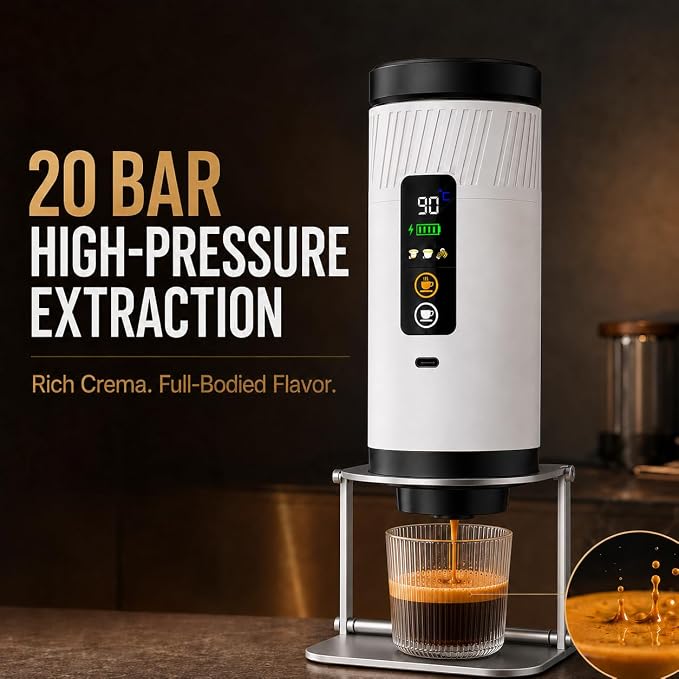 Portable Espresso Machine, 3-in-1 Self-Heating Coffee Maker, 290 PSI, USB-C | Self-heating 3-in-1 portable espresso maker for capsules & ground coffee, 290 PSI hot/cold brew, USB-C charging, Pure White - Image 5