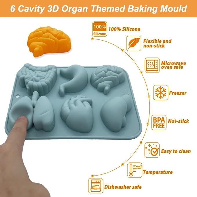3D Human Organ Silicone Molds, 2 Pack Realistic 6 Cavity Organ Shapes Silicone Muffin Molds for Chocolate Pudding Dessert Jelly Handmade Soap Candle for Halloween Party Props - Image 3