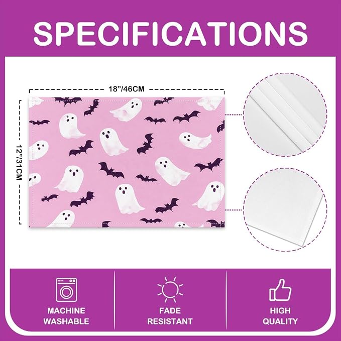 Feelyou Happy Halloween Placemats Set of 4 Cute Ghost Table Mats for Party Kitchen Dining Decoration Holiday Seasonal Pink White Place Mat for Dinner Table Indoor Outdoor 18"x12" Bats Pattern Decor - Image 4