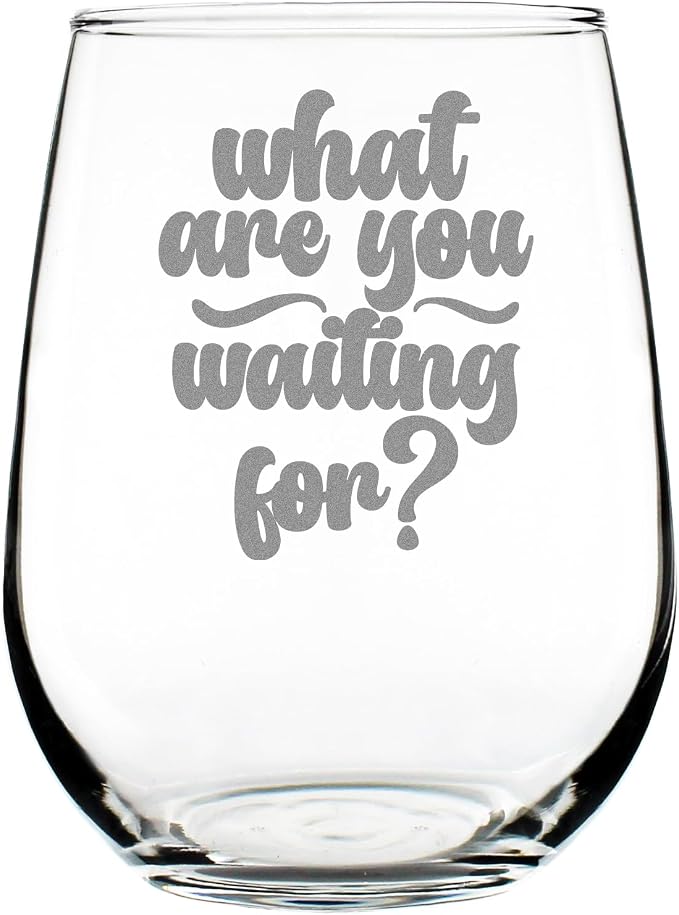 What Are You Waiting For?' Engraved Stemless Wine Glass, Etched Motivational Quote Glassware, Inspirational for Her, Job by Make+Your+Mark+Design