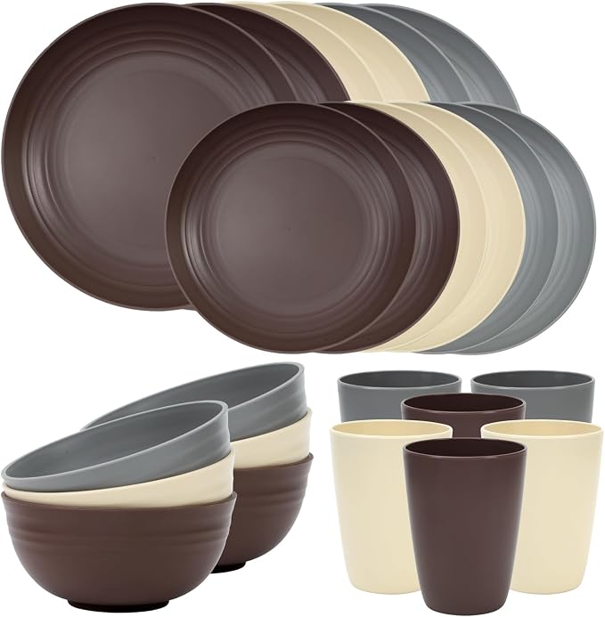 Quatish 24 Piece Plates and Bowls Sets for 6, Unbreakable Dinnerware Sets, Dish Set for Camping, Dishwasher Microwave Safe, Outdoor Kitchen and Apartment Dorm Dinning RV Essentials, Brown by Quatish