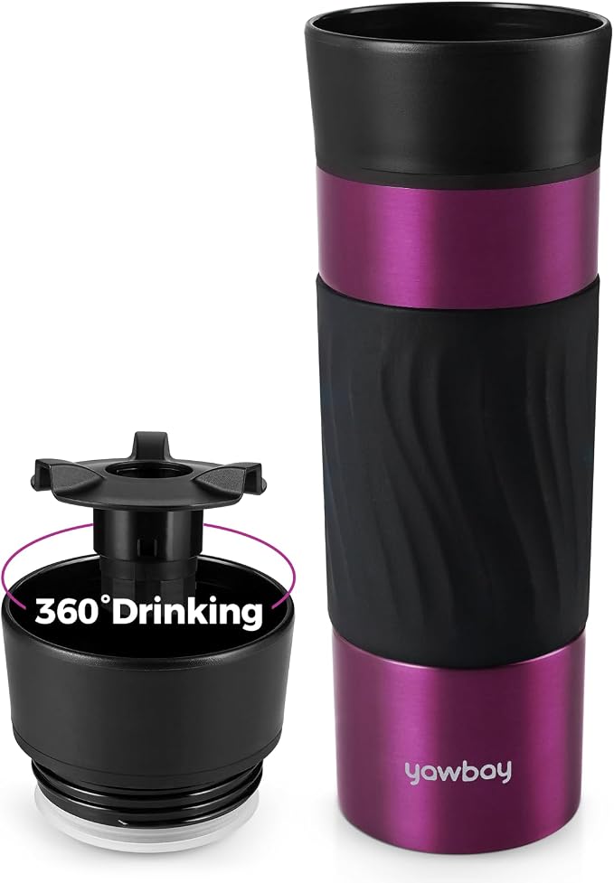 Travel Coffee Mug with 360°Lid, Travel Coffee Tumbler 16 oz Leak Proof, Stainless Steel Insulated Travel Mugs for Hot and Cold Spill Proof(MetPaintViolet) by Yawbay