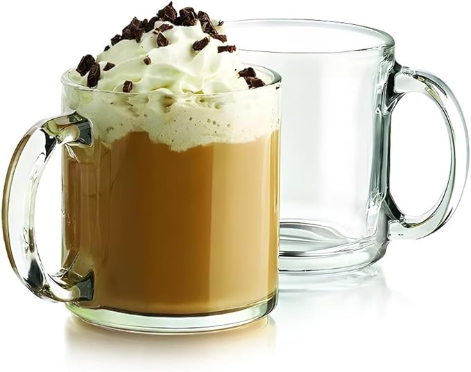 Bexter Pack of 2 Clear Glass Coffee Mugs – 13 oz Heavy-Duty Thick-Walled Cups for Hot Beverages – Durable, Elegant, Heat-Resistant Glassware for Coffee, Tea, Lattes, and More by Bexter