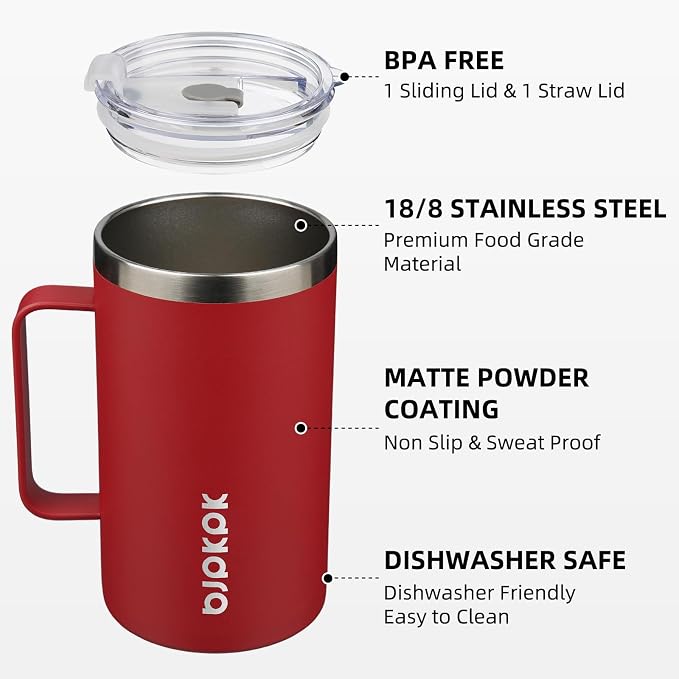 BJPKPK 25oz Insulated Coffee Mug with Handle, Stainless Steel Travel Mug | Keeps Drinks Hot & Cold, Double Wall Vacuum, 2 Lids Included, BPA-Free Coffee Tumbler for Home, Office & Travel - Image 2