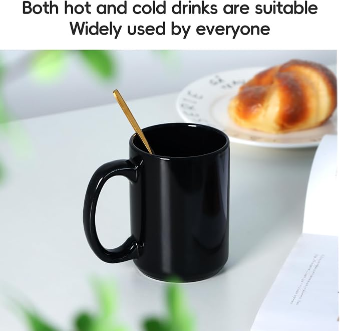 16 OZ Coffee Mug, Classic Blank Ceramic Cup with Large Handle for Tea Latte Cappuccino, Black - Image 3