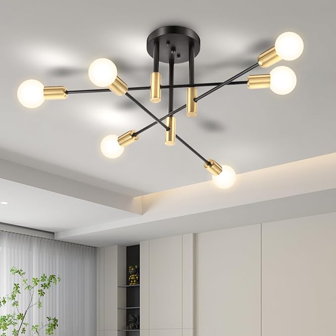 CANMEIJIA Sputnik Chandelier Modern Ceiling Light Fixture with 6 Lights Black Gold Mid Century Mount Ceiling Lights Fixture for Bedroom, Dining Room, Living Room, Kitchen, E26 Base, Bulbs Not Included by CANMEIJIALighting